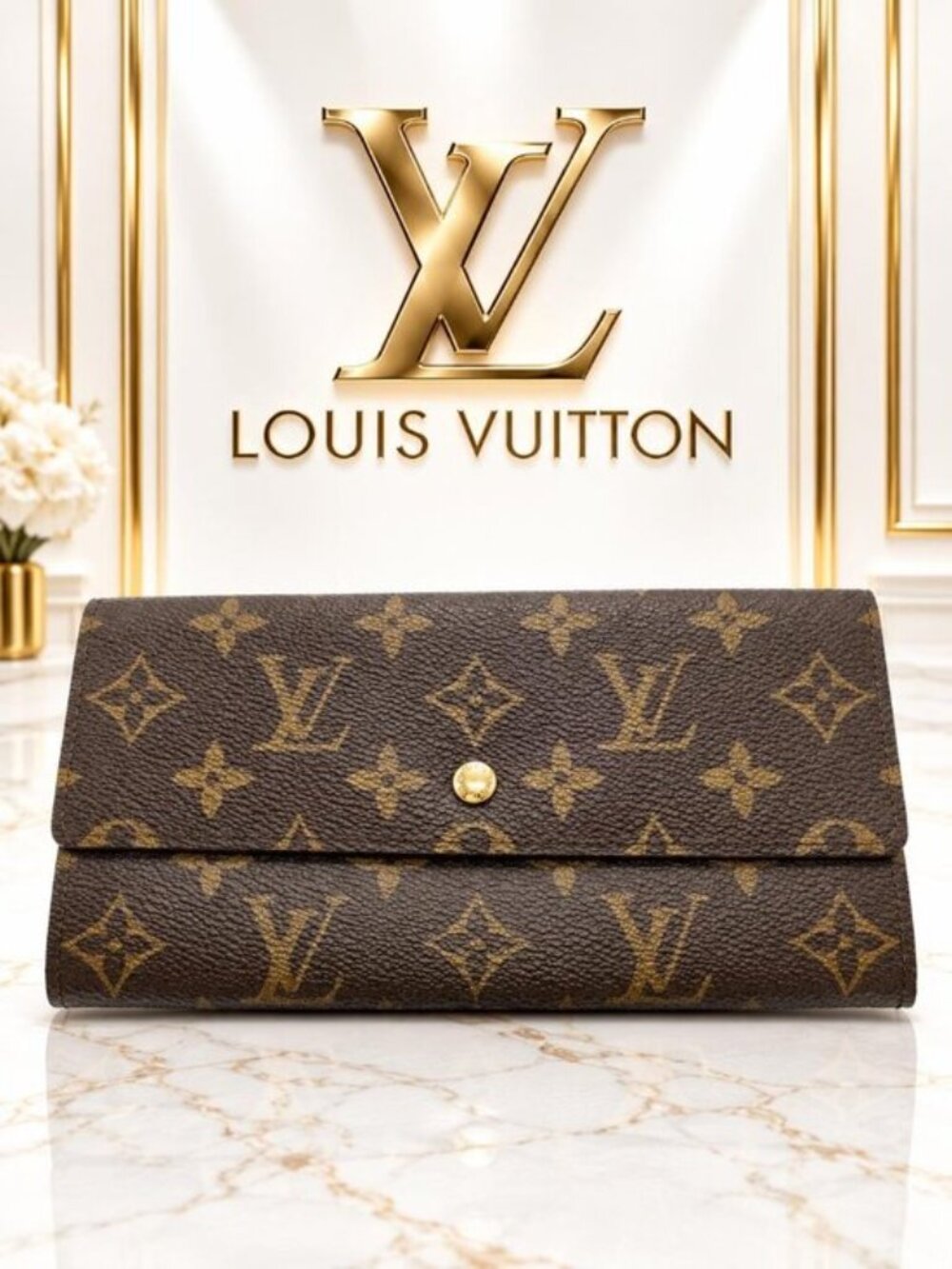 Authentic Louis Vuitton Monogram Sarah Long Wallet Brown Bifold Snap